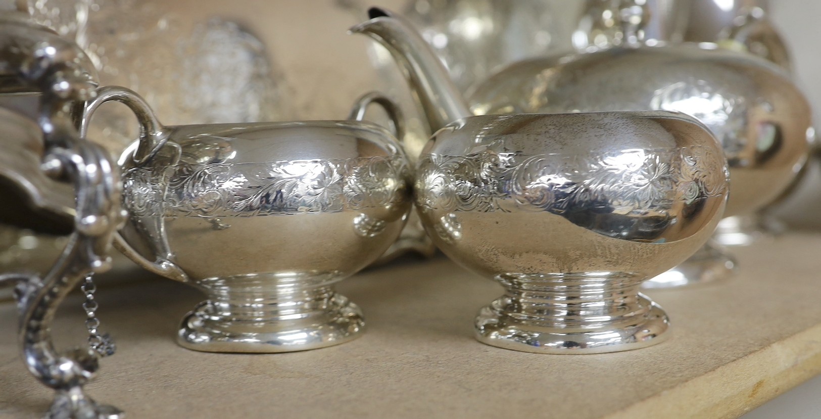 A 20th century Canadian Birks sterling seven piece tea and coffee service, comprising a tea tray, kettle on stand with burner, teapot, coffee pot, two sugar bowls and a cream jug, tea tray 64.7cm over handles